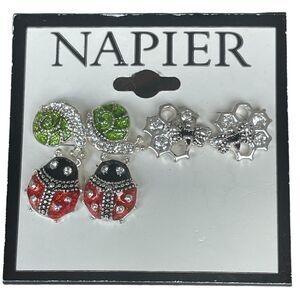 NWT Napier 3 Pair Stud Earrings Set Bumble Bee Ladybug Snail Silver Tone Enamel